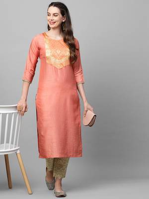 Indo Era Peach Solid Straight Kurta 5