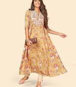 Vbuyz Women's Print & Embroidered Anarkali Flex Cotton Yellow Stitched Kurta