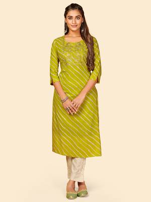 Vbuyz Women's Embroidered & Mirror Work Straight Cotton Parrot Green Stitched Kurta 1