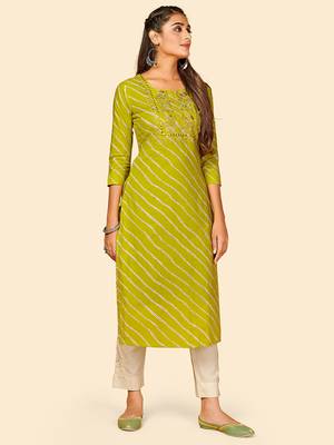 Vbuyz Women's Embroidered & Mirror Work Straight Cotton Parrot Green Stitched Kurta 5