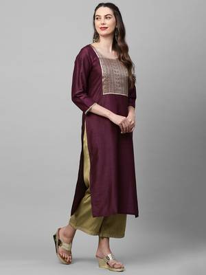 Indo Era Wine Solid Straight Kurta 3