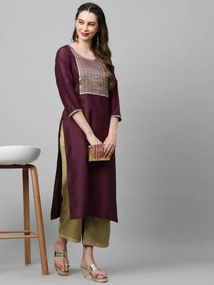Indo Era Wine Solid Straight Kurta 5