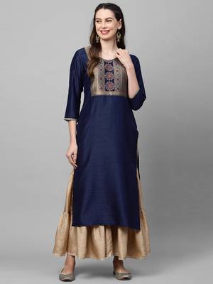 Indo Era Navy Blue Solid Straight Kurta 1