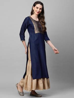 Indo Era Navy Blue Solid Straight Kurta 3