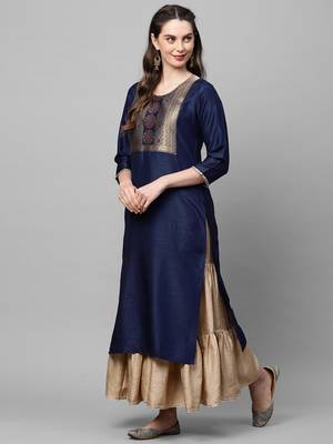 Indo Era Navy Blue Solid Straight Kurta 4