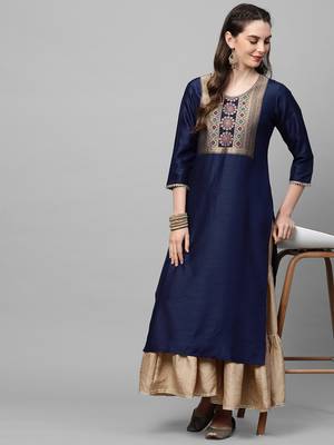Indo Era Navy Blue Solid Straight Kurta 5