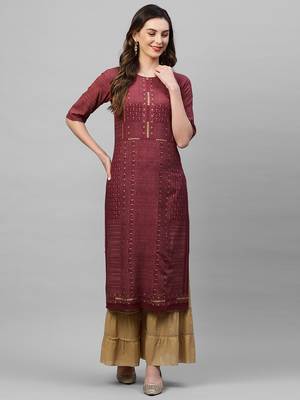 Indo Era Wine Foil Printed Straight Kurta 1