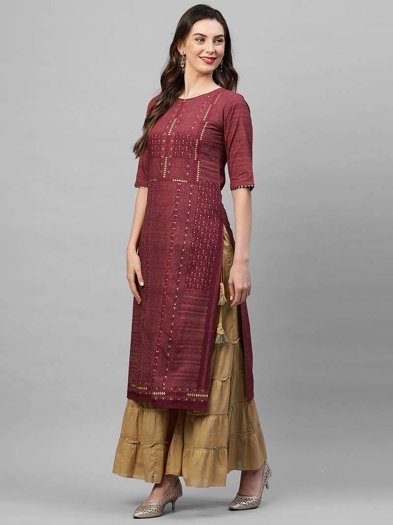 Indo Era Wine Foil Printed Straight Kurta