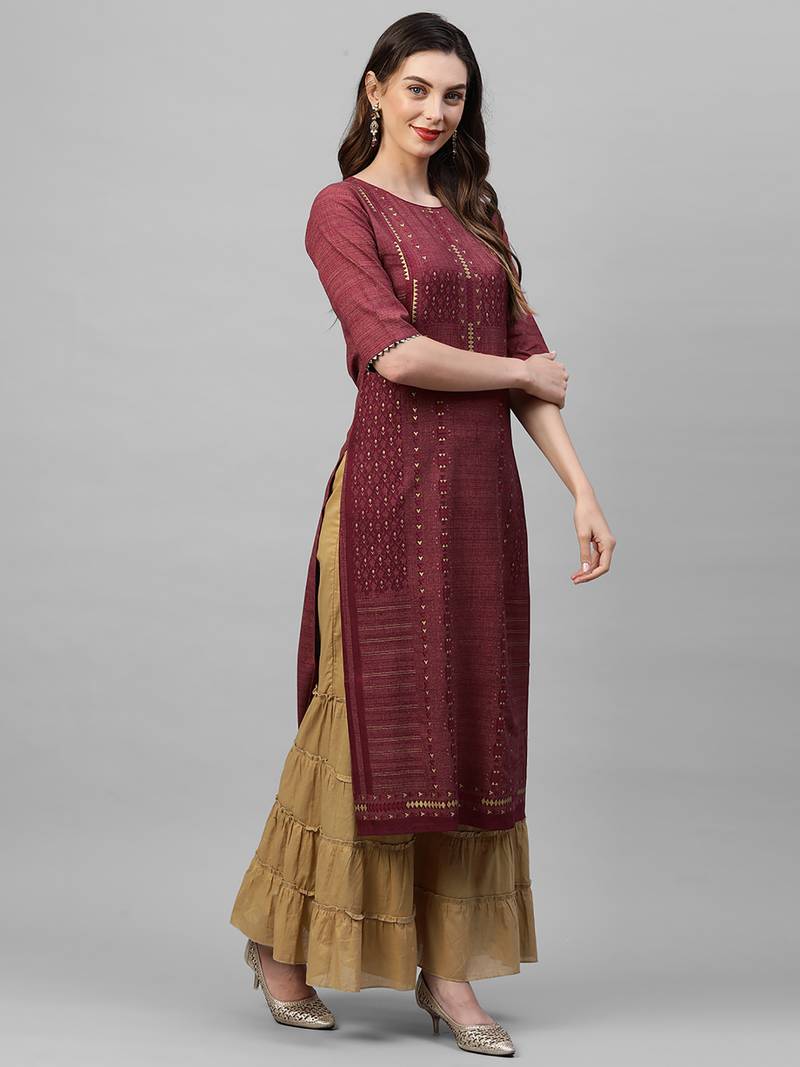 Indo Era Wine Foil Printed Straight Kurta