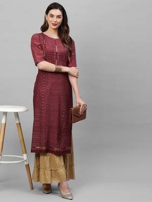 Indo Era Wine Foil Printed Straight Kurta 5