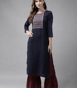 Indo Era Navy Blue Solid Straight Kurta