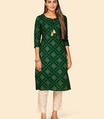Vbuyz Women's Printed Straight Cotton Green Stitched Kurta