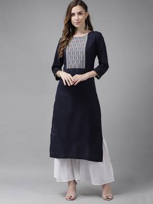 Indo Era Navy Blue Solid Straight Kurta 1