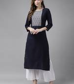Indo Era Navy Blue Solid Straight Kurta