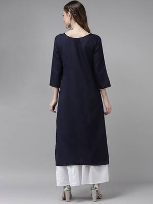 Indo Era Navy Blue Solid Straight Kurta 2