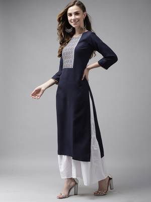 Indo Era Navy Blue Solid Straight Kurta 3
