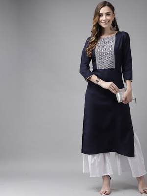 Indo Era Navy Blue Solid Straight Kurta 4