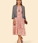 Vbuyz Women's Printed Anarkali Georgetteschiffi Peach Stitched Kurta with Koti