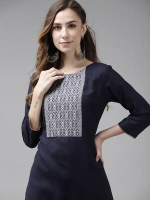 Indo Era Navy Blue Solid Straight Kurta 5