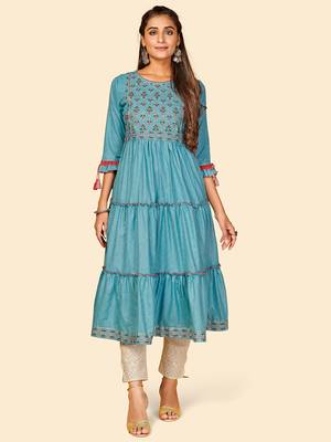Vbuyz Women's Embroidered Anarkali Yarn Dyed Sky Blue Stitched Kurta 1