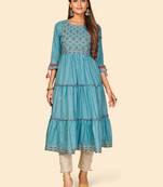 Vbuyz Women's Embroidered Anarkali Yarn Dyed Sky Blue Stitched Kurta