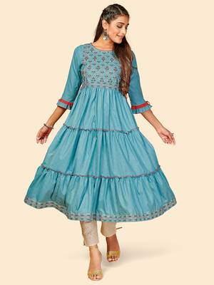 Vbuyz Women's Embroidered Anarkali Yarn Dyed Sky Blue Stitched Kurta 2