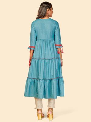 Vbuyz Women's Embroidered Anarkali Yarn Dyed Sky Blue Stitched Kurta 3