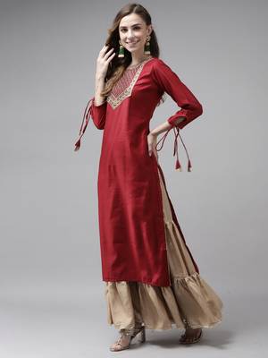 Indo Era Red Solid Straight Kurtas 3