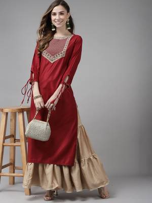 Indo Era Red Solid Straight Kurtas 4
