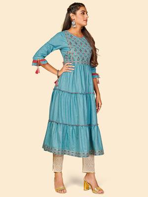 Vbuyz Women's Embroidered Anarkali Yarn Dyed Sky Blue Stitched Kurta 5