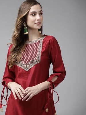 Indo Era Red Solid Straight Kurtas 5