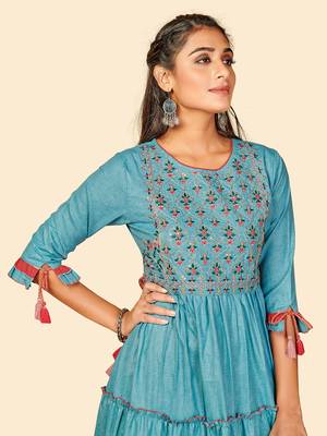 Vbuyz Women's Embroidered Anarkali Yarn Dyed Sky Blue Stitched Kurta 6