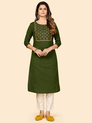 Vbuyz Women's Embroidered Straight Cotton Green Stitched Kurta 1