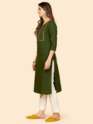 Vbuyz Women's Embroidered Straight Cotton Green Stitched Kurta 4