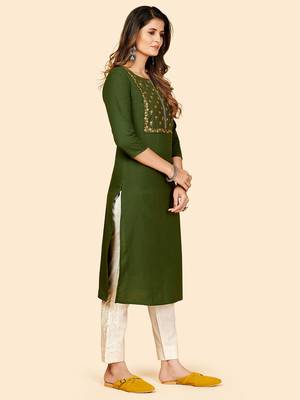Vbuyz Women's Embroidered Straight Cotton Green Stitched Kurta 5