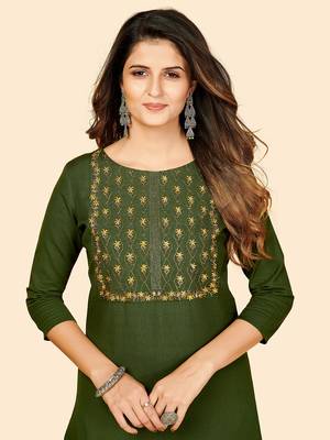Vbuyz Women's Embroidered Straight Cotton Green Stitched Kurta 6