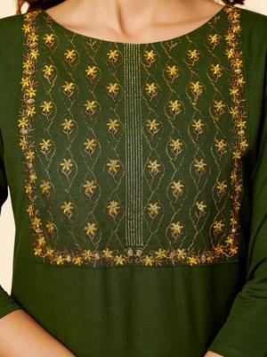 Vbuyz Women's Embroidered Straight Cotton Green Stitched Kurta 7