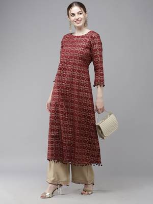 Indo Era Maroon Printed A-line Kurta 1