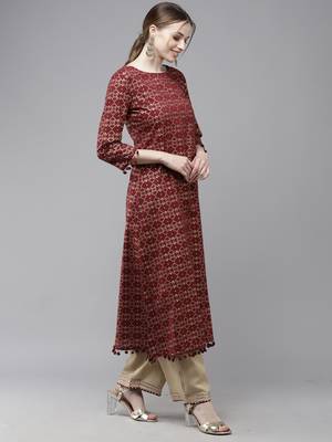 Indo Era Maroon Printed A-line Kurta 3