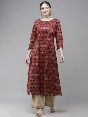 Indo Era Maroon Printed A-line Kurta 4