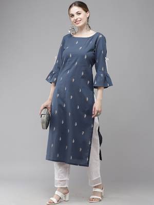 Indo Era Navy Blue Printed Straight Kurta 1