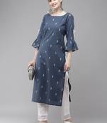 Indo Era Navy Blue Printed Straight Kurta