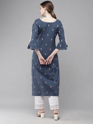 Indo Era Navy Blue Printed Straight Kurta 2