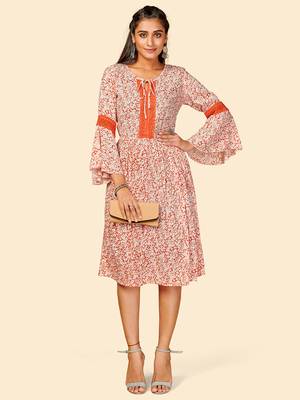 Vbuyz Women's Printed & Lace Work Anarkali Rayon Crape Orange Stitched Kurta 1