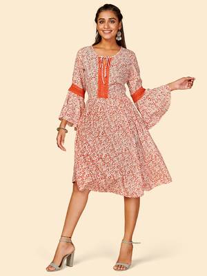 Vbuyz Women's Printed & Lace Work Anarkali Rayon Crape Orange Stitched Kurta 2