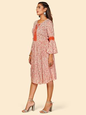 Vbuyz Women's Printed & Lace Work Anarkali Rayon Crape Orange Stitched Kurta 4