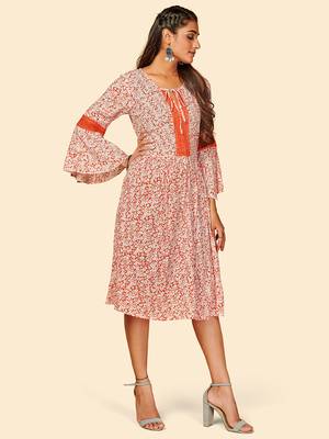 Vbuyz Women's Printed & Lace Work Anarkali Rayon Crape Orange Stitched Kurta 5