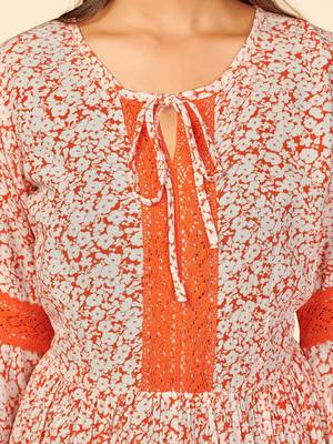 Vbuyz Women's Printed & Lace Work Anarkali Rayon Crape Orange Stitched Kurta 7