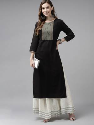 Indo Era Black Solid Straight Kurta 4