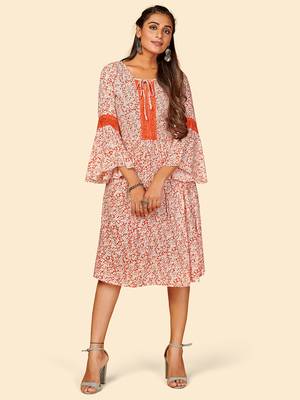 Vbuyz Women's Printed & Lace Work Anarkali Rayon Crape Orange Stitched Kurta 8